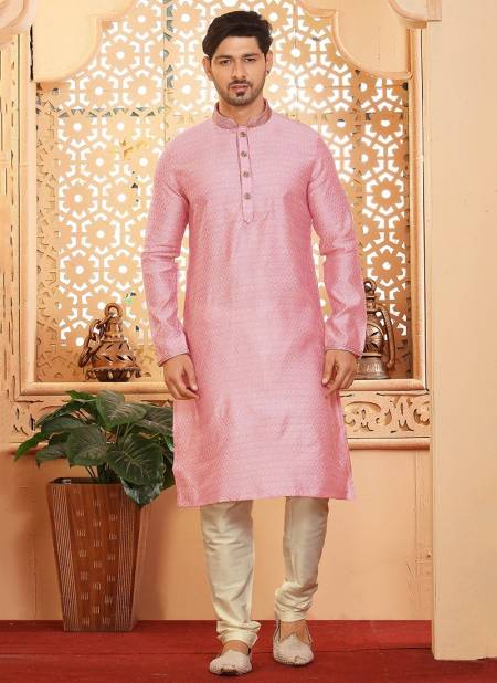Light Pink Colour TRENDY FEEL New Latest Poly Jacquard Fesive Wear Kurta Pajama Mens Collection TDY-KP-10
